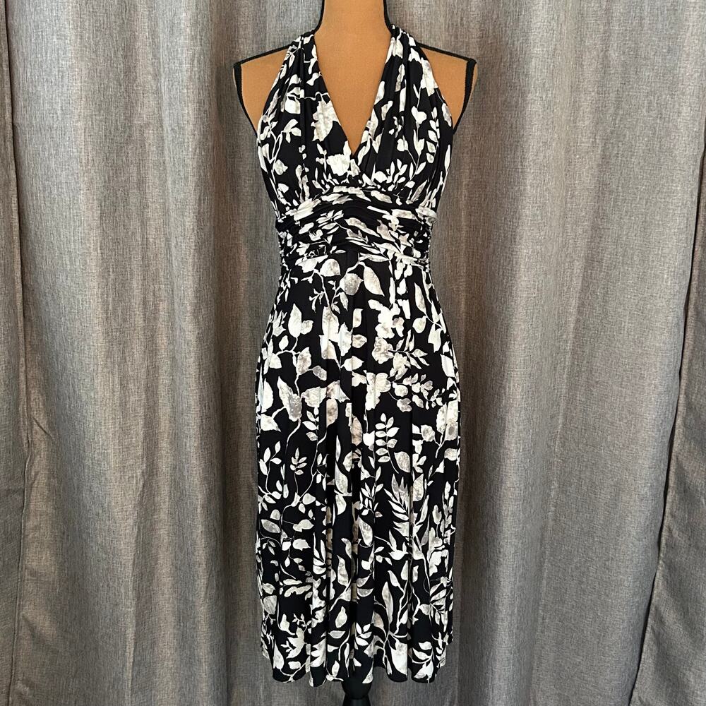 Black White Floral Dress Petite 6P Ruched Waist Evan Picone Midi